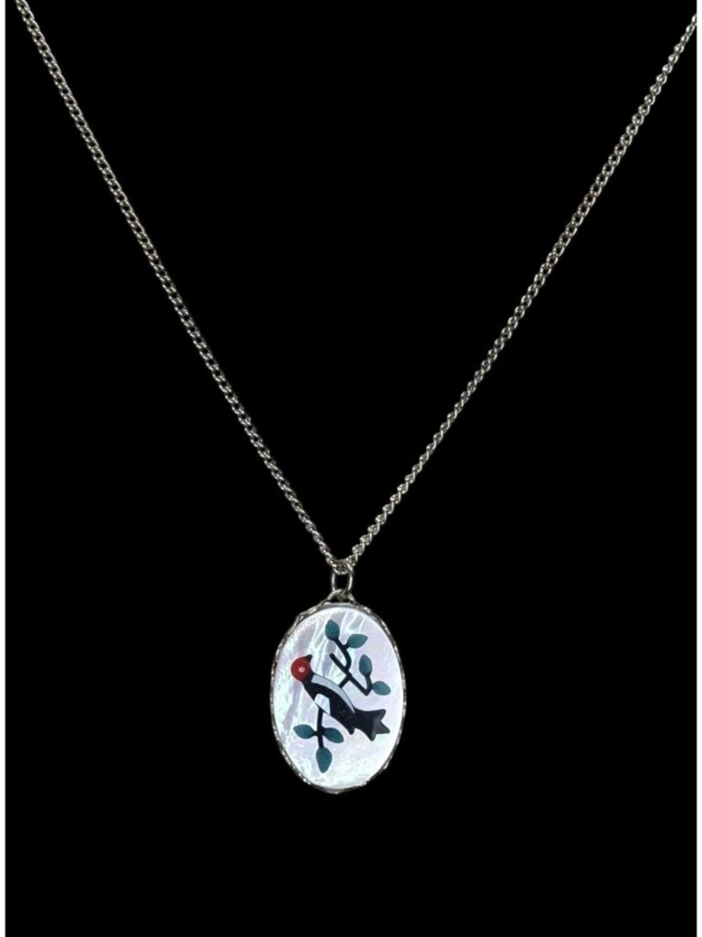 Vintage Artisan Mother Of Pearl Necklace With Bird & Branch Design - Picture 4 of 6